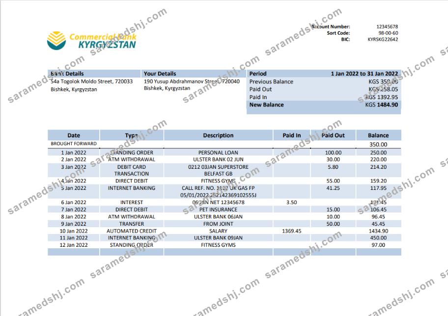 Kyrgyzstan Commercial Bank statement template in Word and PDF format